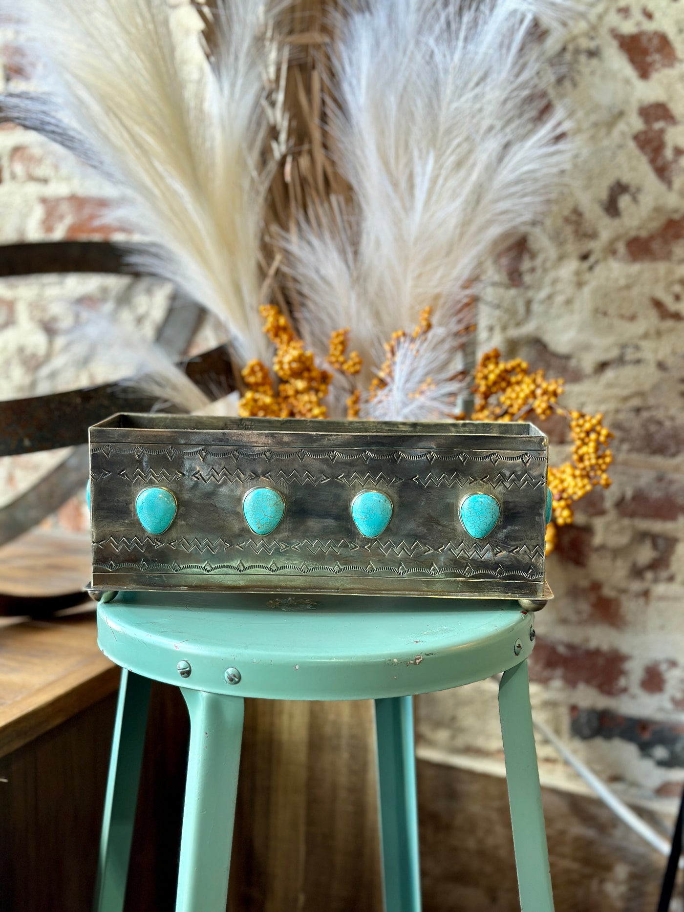 Sterling Silver & Turquoise Nugget Planter with authentic turquoise stones available at Broker Leather in Waukon, Iowa.