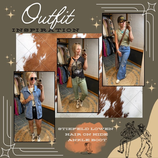 Stiefeld Lowen Hair-On-Hide Square Toe Ankle Booties Outfit Inspo Collage from Broker Leather Boot Boutique.