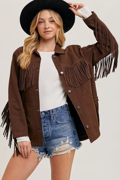 Confident and bold Tina Denim Fringe Jacket with western flair.