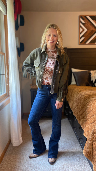 Tina Olive Green Suede Fringe Jacket