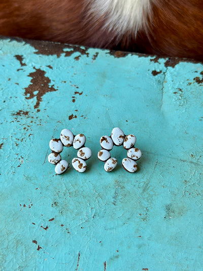 Close-up of Torrington Clay Cluster Earring [White], featuring polymer clay painted to resemble turquoise stones with a Western flair.