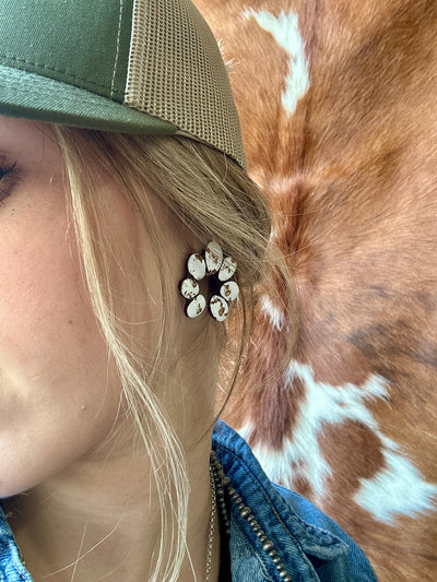 Torrington Clay Cluster Earring [White] paired with a denim Western outfit, adding a bold and chic touch to the look.