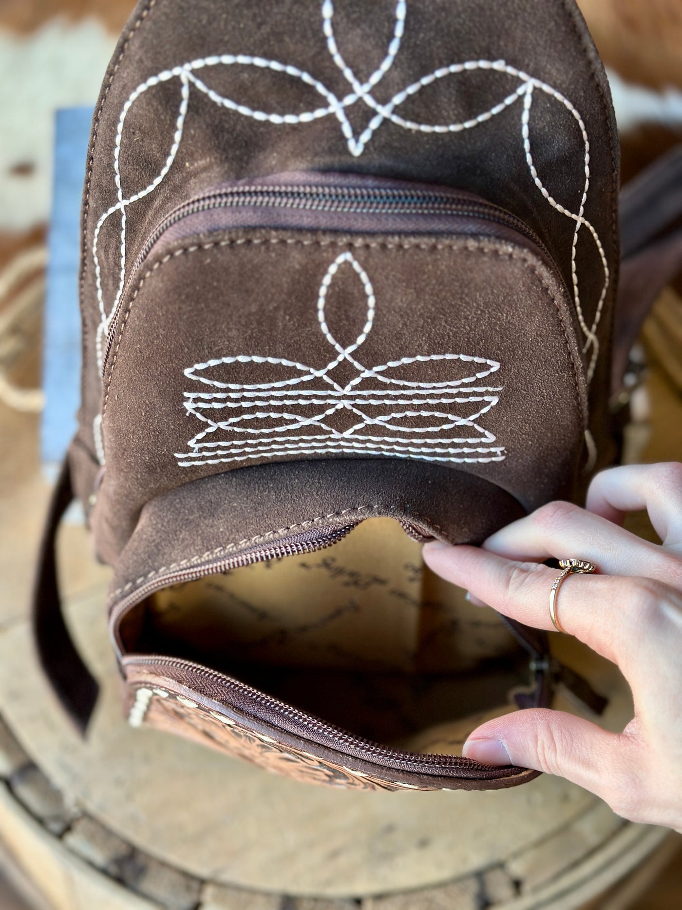 Detailed Close-Up of Boot Stitch pattern on Broker Leather's Treaty Backpack.