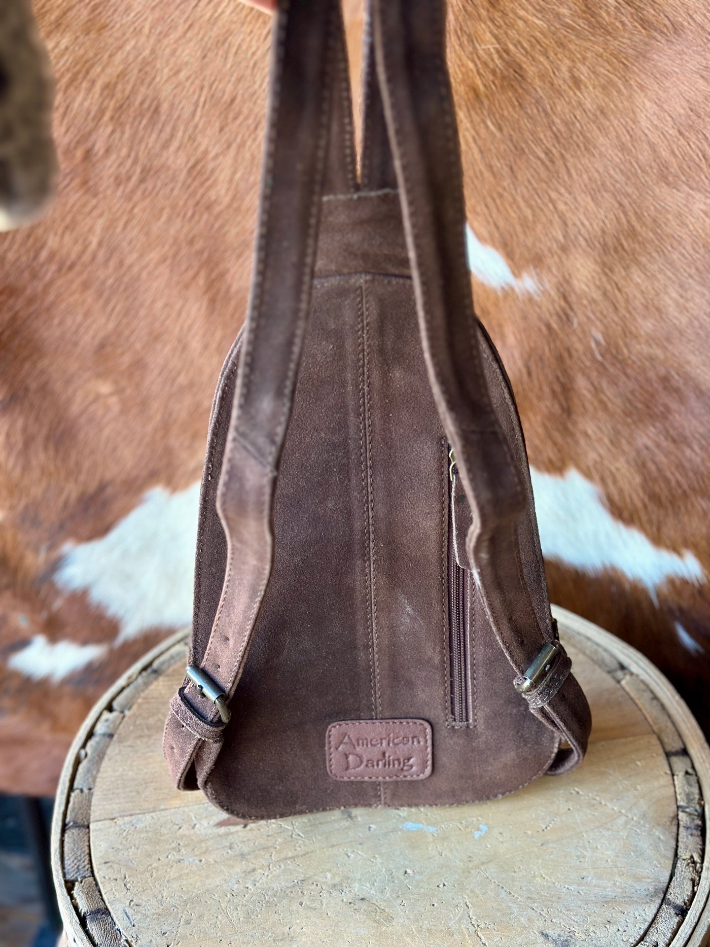 Back View of Treaty Suede Leather Backpack with Zippered Pocket.