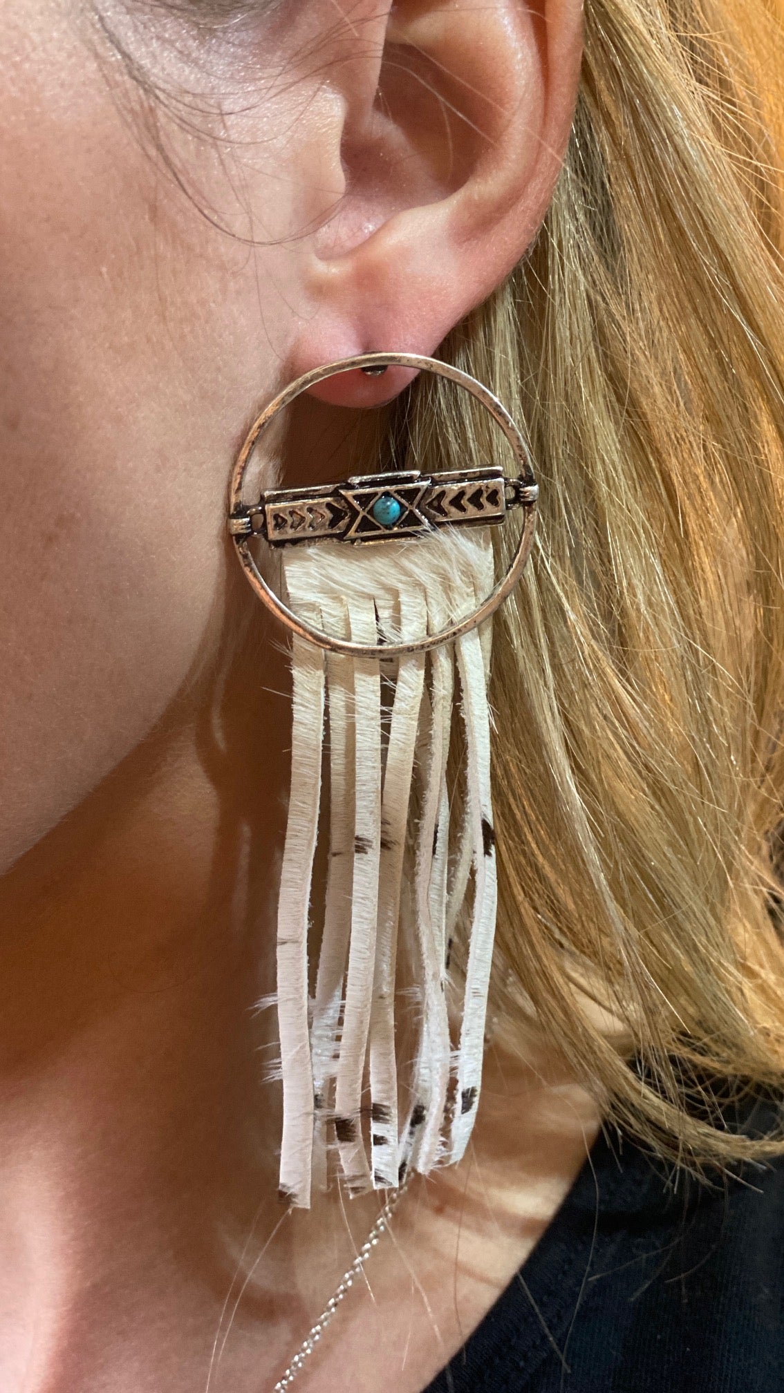 Trina Round Metal Cowhide Fringe Earrings