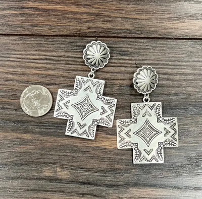 Stock photo of our Trina Metal Aztec Post Earrings next to a quarter for size reference.