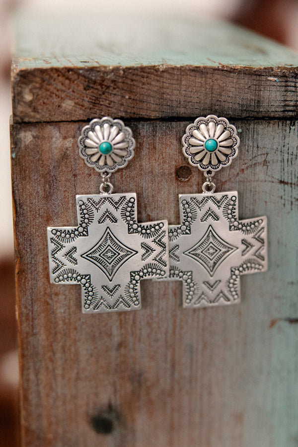 Trina Metal Aztec Post Earrings featuring a hammered metal design with a bold Aztec cross shape.