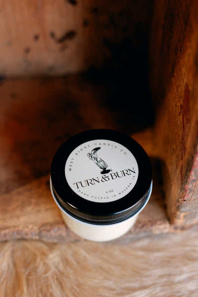 Broker Leather's Turn & Burn Mason Jar Custom Candles & Wax Melts in unique Western Scents.