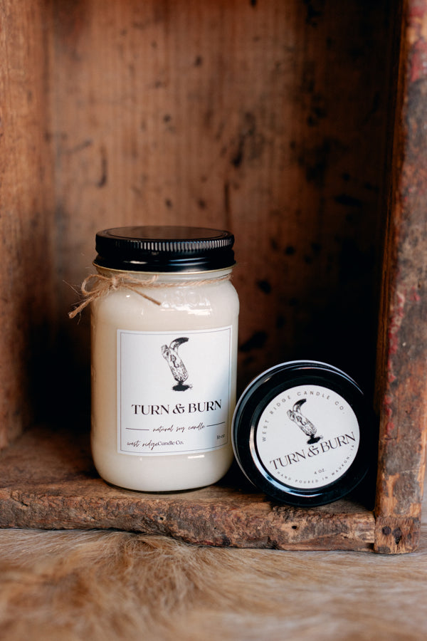 Turn & Burn Mason Jar Custom Candles 16 ounce available Now at Broker Leather downtown Waukon, Iowa.