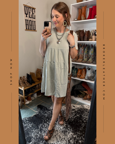 Broker Leather infographic featuring model, Brooke, wearing the Verna dress with leather wedges and statement Western jewelry.
