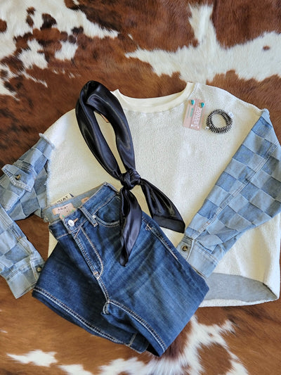 Flatlay outfit view of our Victoria Terry & Denim Sleeve Pullover with a pair of jeans and a wild rag.