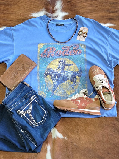 Flatlay picture of an outfit featuring our Walter Rodeo Cowboy Mineral Washed Graphic Tee.