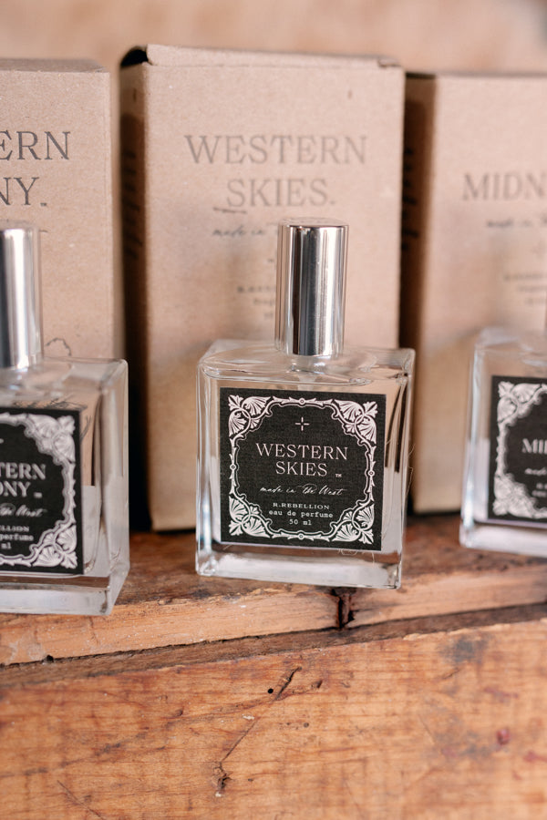 The Western Skies Perfume Spray in a gift-ready arrangement, perfect for Western fragrance lovers.