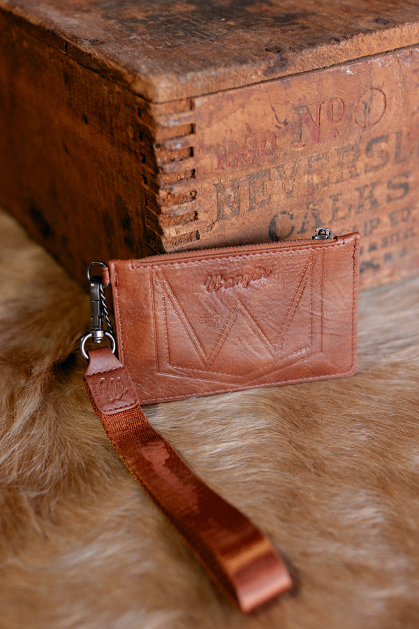 Wrangler Della Keychain Wristlet Wallet in brown, featuring a removable strap and Wrangler logo applique.