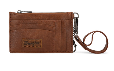 Wrangler Della Wallet in brown, showcasing the open front pocket, fabric lining, and Wrangler 'W' logo on the back.