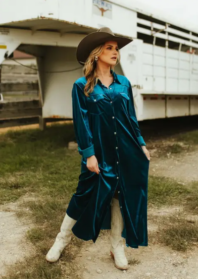 Zion Teal Velvet Shirt Dress