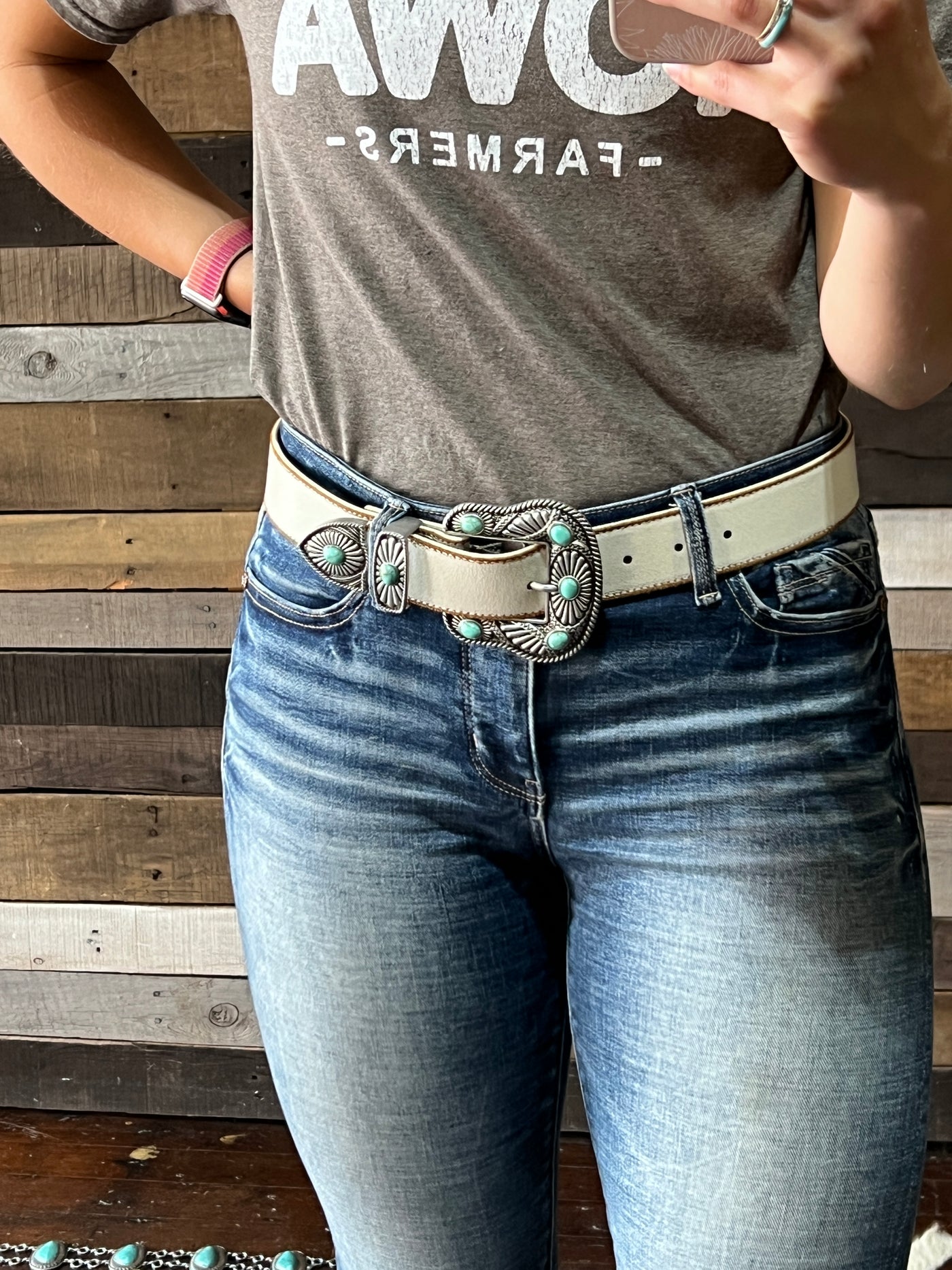 Dylan Off-White Leather Turquoise Belt