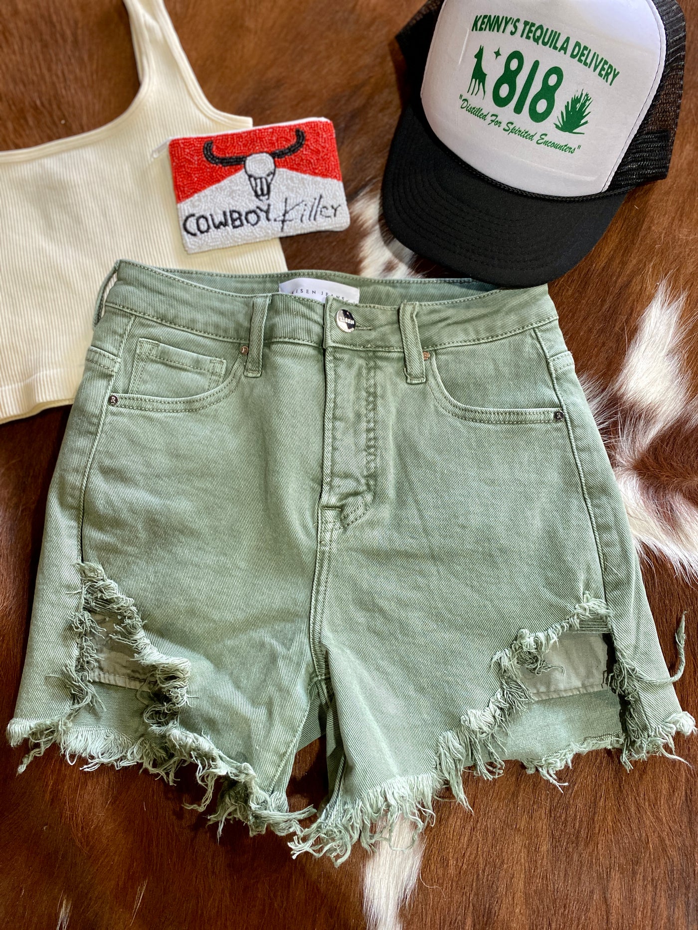 Karla High-Rise Denim Shorts [Olive] ✜ON SALE NOW✜