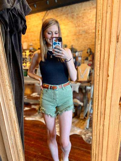 Karla High-Rise Denim Shorts [Olive] ✜ON SALE NOW✜