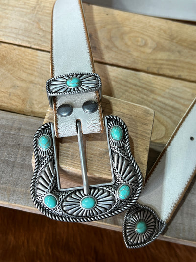 Dylan Off-White Leather Turquoise Belt