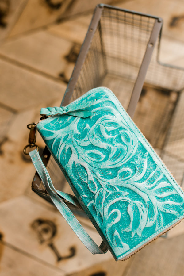 Mathis Tooled Leather Organized Wristlet [Teal]