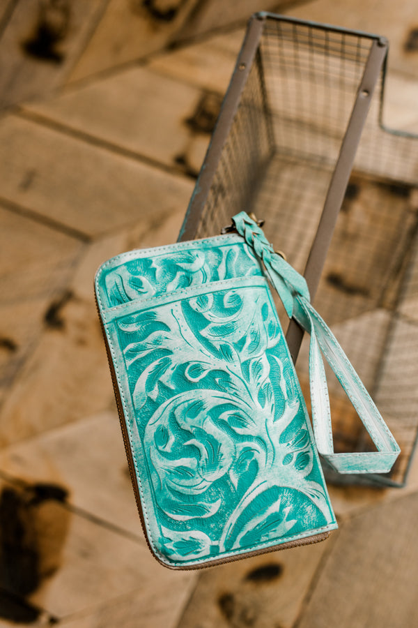 Mathis Tooled Leather Organized Wristlet [Teal]