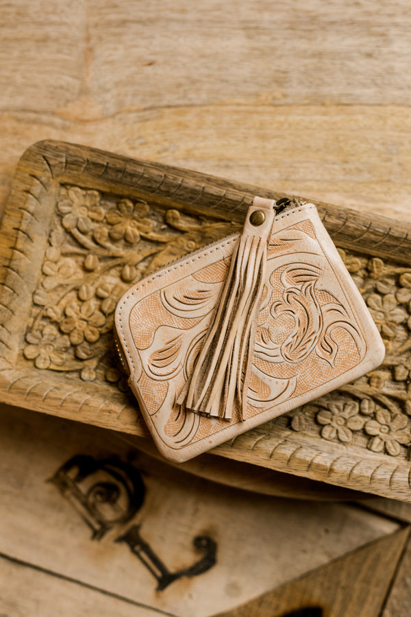 Sheridan Tooled Leather Coin Pouch with Tassel [Limestone]