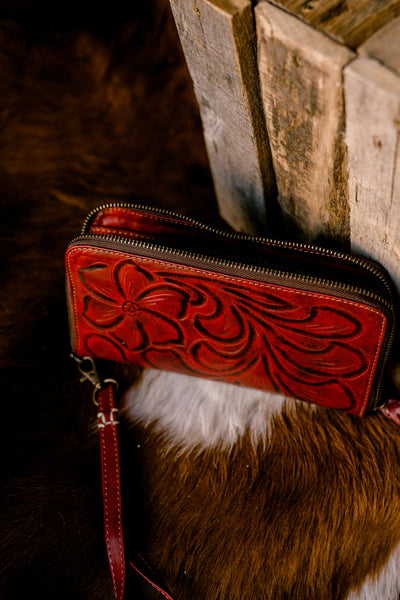 Malia Tooled Leather Organized Wristlet [Oxblood]