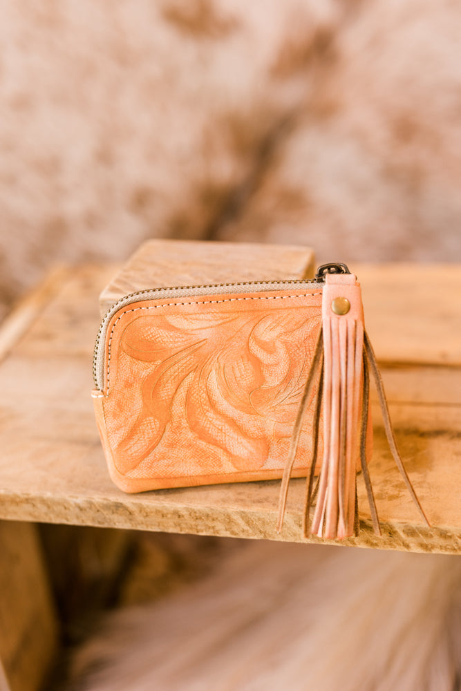 Sheridan Tooled Leather Coin Pouch with Tassel [Coral]