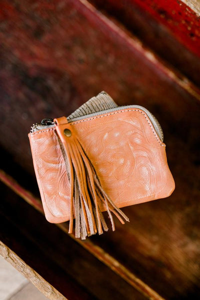 Sheridan Tooled Leather Coin Pouch with Tassel [Coral]