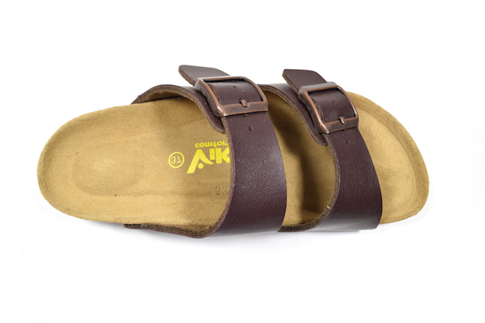 Dark brown women’s sandals with suede-lined footbed and flexible, shock-absorbing sole