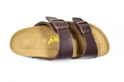 Dark brown women’s sandals with suede-lined footbed and flexible, shock-absorbing sole