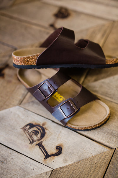 Viking Jenna Sandals in dark brown with two adjustable buckle straps and cork-wrapped footbed