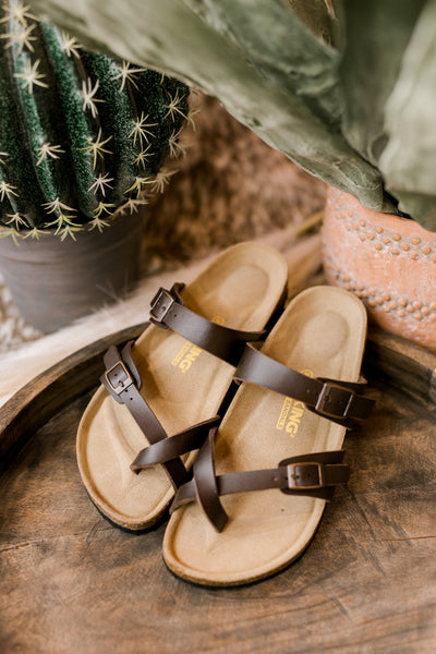 Top-down view of Viking Joan sandals with spacious toe box and ergonomic arch support