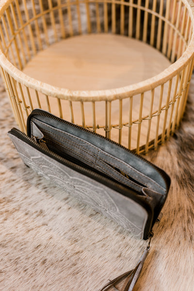 Madison Tooled Leather Mandala Organized  Wristlet [Whitewash]