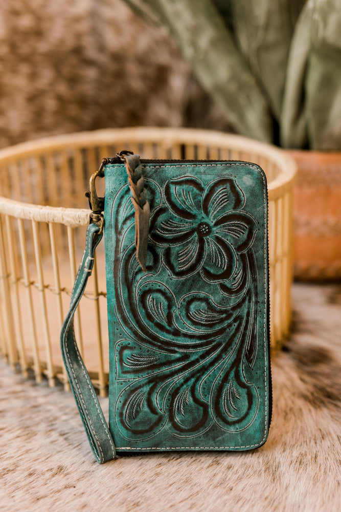 Malia Tooled Leather Organized Wristlet [Aqua]