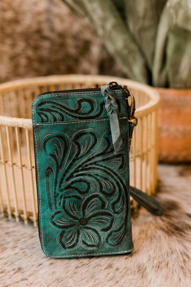 Malia Tooled Leather Organized Wristlet [Aqua]