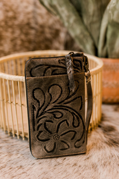 Malia Tooled Leather Organized Wristlet Wallet [Charcoal]