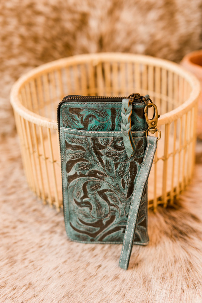 Mathis Tooled Leather Organized Wristlet [Aqua] ✙PREORDER✙