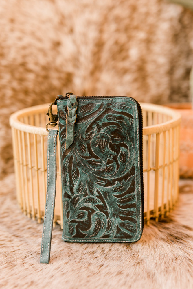 Mathis Tooled Leather Organized Wristlet [Aqua] ✙PREORDER✙