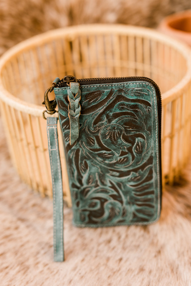 Mathis Tooled Leather Organized Wristlet [Aqua] ✙PREORDER✙