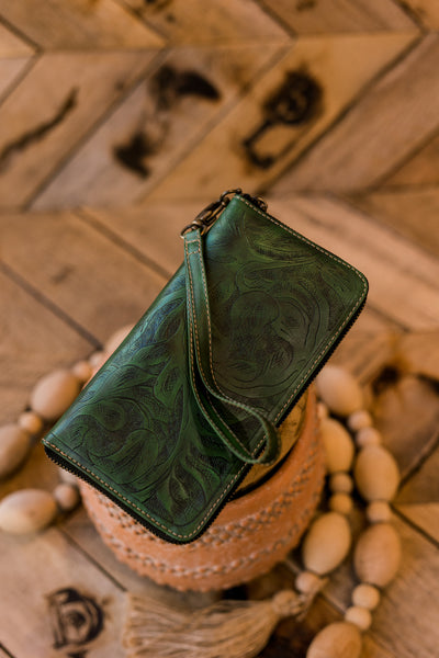 Mathis Tooled Leather Organized Wristlet [Forrest] ✜ON SALE NOW✜